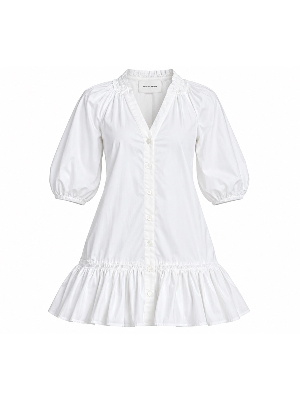 Brochu Walker White Cotton Poplin Button Front Ruffle Hem Dress Size S